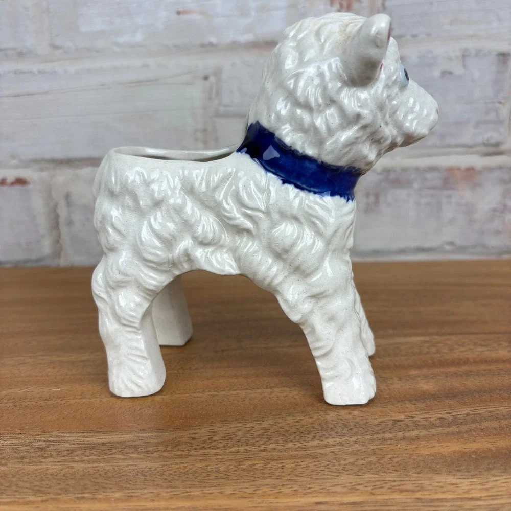Vintage Occupied Japan Lamb Planter Blue Bow Nursery Figurine Cottagecore Decor